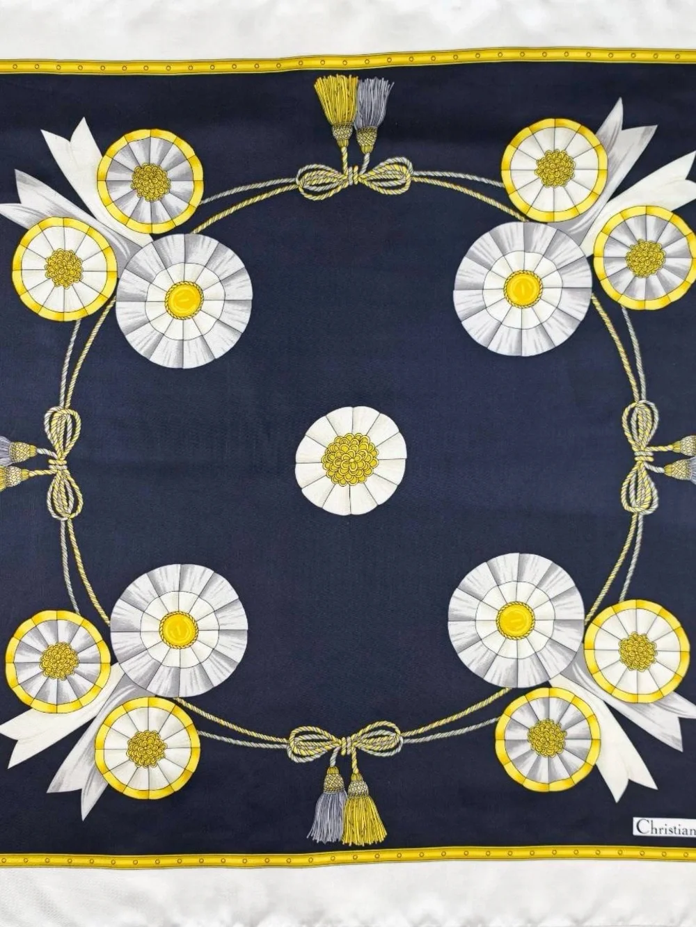 Dior Vintage Navy, White & Yellow Floral Medallion Silk Scarf